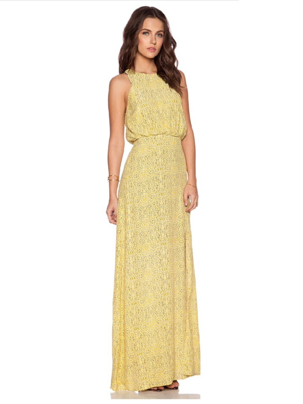 Line and Dot Shannon Maxi Dress Gold Bentonite Rayon XS EUC Revolve